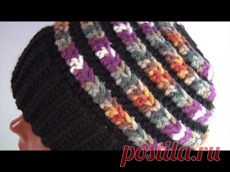 Шапочка крючком/Очень простой УЗОР крючком/Классная и Лицевая и Изнаночная стороны/ОСТАТКИ ПРЯЖИ