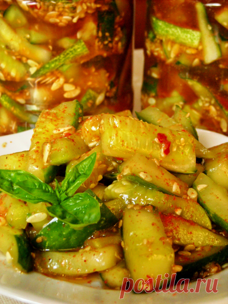 Кисло-сладкие огурцы с кунжутом (заготовка на зиму)