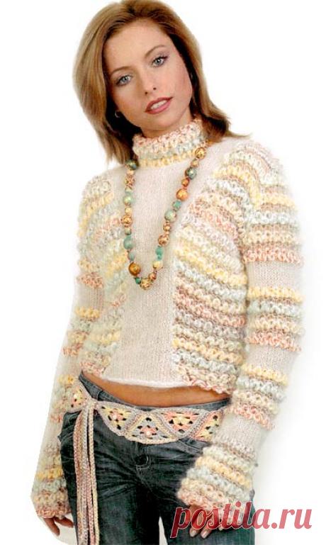 Пуловер в пастельных тонах
Мягкий, пушистый, воздушный пуловер из пряжи создаст весеннее настроение и добавит ярких красок в палитру уходящей зимы.
Размеры: 38/40 (42/44)
Вам потребуется:
по 40 (50) г пряжи 0G (70%