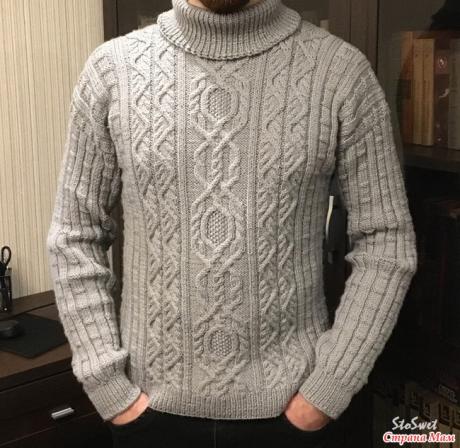 Мужской свитер спицами с косами и аранами "Уралец" Доброго времени суток! Мужской свитер «Уралец» связан из пряжи Candi Vita (100 % шерсть) в 100 г-178 метров. Спицы №3,4. Вес-900 грамм. Резинка 5 см на спицах №3.