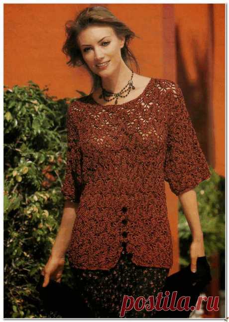 Ажурный пуловер крючком из меланжевой пряжи. Интересное выполнение низа изделия. Схема. / Обсуждение на LiveInternet - Российский Сервис Онлайн-Дневников