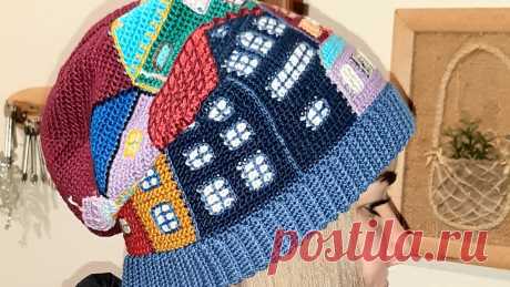 Вязание крючком. Техника интарсия. Домики Карлы Жерар. МК, часть 1. Мои дорогие подписчики!Добавляю описание работы по петлям со сменой цвета.Для сокращения описания вместо сбн-столбик без накида буду писать-п.-петля.1-4 р.-1...