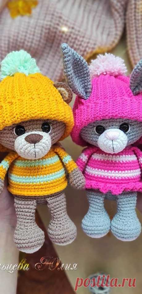 PDF Мишка и Зайка крючком. FREE crochet pattern; Аmigurumi animal patterns. Амигуруми схемы и описания на русском. Вязаные игрушки и поделки своими руками #amimore - медведь, медвежонок, мишка, заяц, зайка, зайчик, зайчонок.
