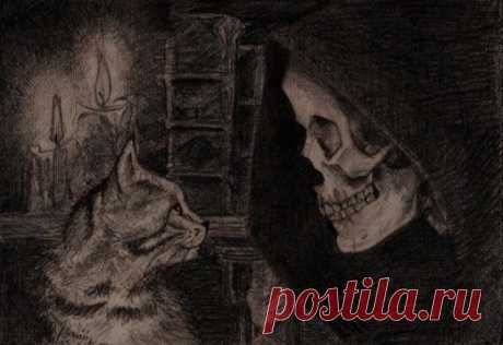 Кот выгнул дугой спину, бросил затравленный взгляд вглубь квартиры, повернулся к входной двери и зашипел. 
 
Успокойся,- сказала Смерть,- я только к тебе. 
 
Кот встрепенулся и сел, обернувшись хвостом