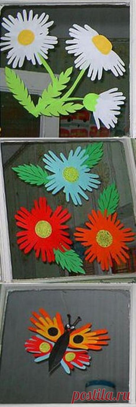 Аппликация из ладошек. Идеи для творчества с детьми / Детское творчество - аппликации, поделки из цветной бумаги, картона, теста, пластилина, пластиковых бутылок для детей / Лунтики. Развиваем детей. Творчество и игрушки