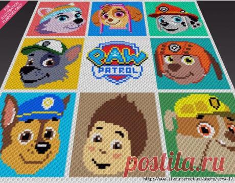 Покрывало Щенячий патруль. Диагональное вязание крючком