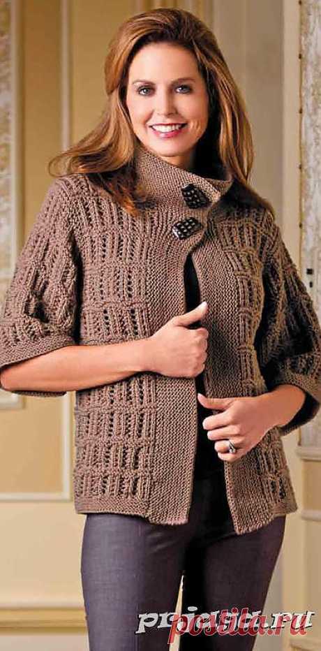 Схемы вязания жакетов спицами из мериносовой шерсти
Размер: S (M/L, XL, 2XL)
Бюст: 86.5 (106.5, 127, 147.5) см.
Длина: 57 (57, 59.5, 59.5) см.
(жакет, кофточка, кардиган)