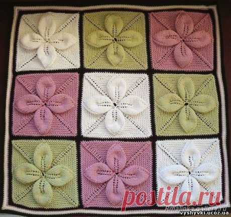 Плед спицами
Нитки: по выбору
Спицы: набор чулочных 3,5мм
Квадраты вяжутся каждый отдельно от центра, затем сшиваются, соединяются крючком (возможны варианты)
Описание - избрать 8 петель и распределить их на 4 спицы. Описание дано только для одной спицы, следовательно каждый ряд описания нужно повторить 4 раза
Ряды / Описание
1 (накид, 1лиц) 2 раза
2 лиц
3 (нанид, 1лиц) 4 раза
4 1изм, 5 лиц, 1изн, 1 лиц
5 (накид, 3 лиц, накид, 1 лиц) 2 раза
6 2 изн, 7 лиц, 2 изн, 1 ли...