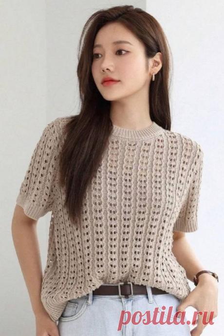 Спицами: джемпер с коротким рукавом (магазин Shein) c вертикальным ажурным узором