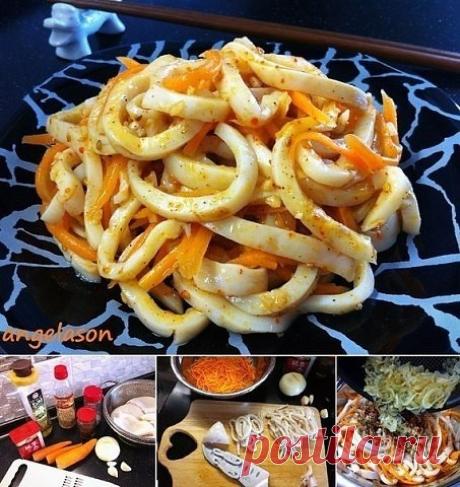 КАЛЬМАР ПО - КОРЕЙСКИ !!! **Отв/кальмар 1кг -соломка; морковь 3шт -кор/тёрка, соль - стоит; пр/чеснок 3зуб, сахар 0.5чл, кр/чер/перец - всё смешай. *Лук 1шт -п/кольца обжарь, и с гор/маслом влей в кальмары с морковью. *В холод: на 30мин. *Подача: с отв/рисом.