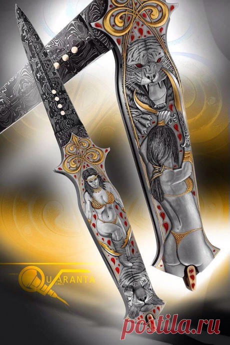 Нож складной. Дамасская сталь. Гравировка булино. Всечка золотом. Эмаль.