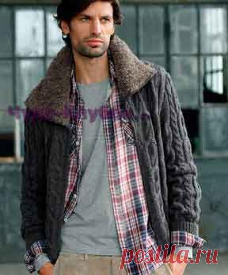 Вязаный мужской жакет с "косами" и "меховым" воротником 195 | ✺❁сайт ЧУДО-клубок ❣ ❂✺Жакет с "косами" и "меховым" воротником 195 описание и схемы: ❂ ►►➤6 000 ✿моделей вязания ❣❣❣ 70 000 узоров►►Заходите❣❣ %