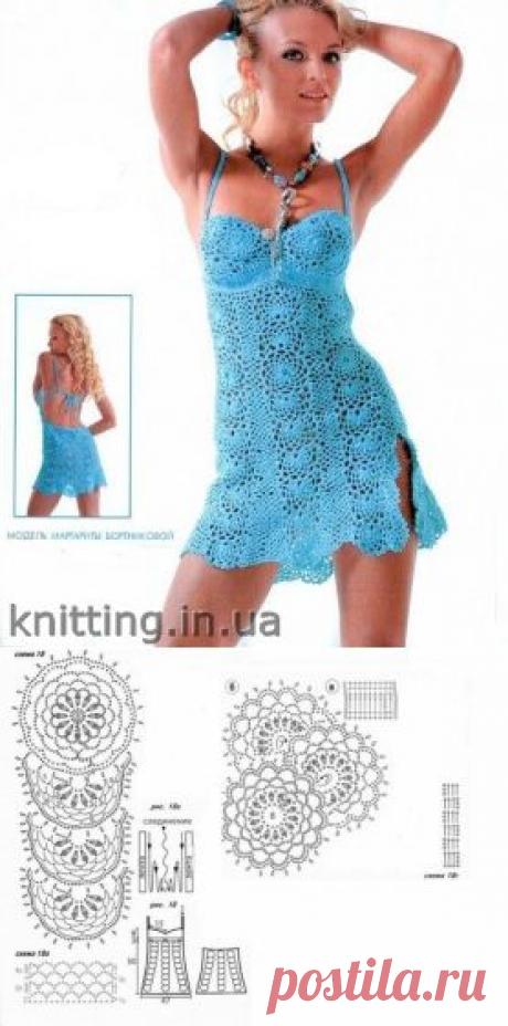 Голубой ажурный сарафан крючком - Пуговка - вязание спицами и крючком для всех