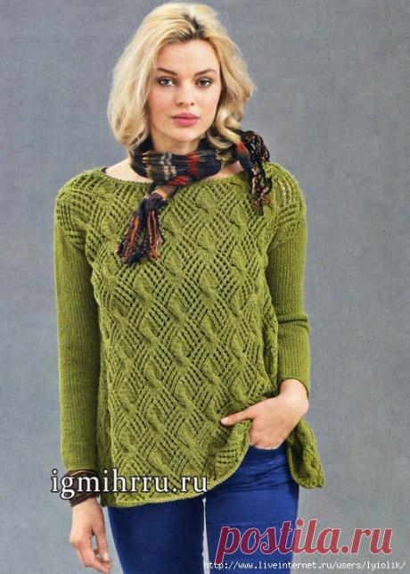 ПУЛОВЕР ЦВЕТА МХА С А-СИЛУЭТОМ И ВЫРАЗИТЕЛЬНЫМ АЖУРНЫМ УЗОР С КОСАМИ. Вязание спицами