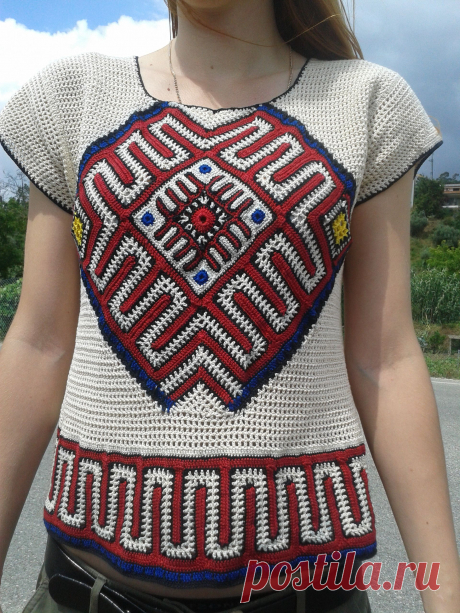 Старинный оберег - летний свитер в этно стиле крючком