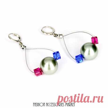 Серьги с майоркой и кристаллами Бесконечность (серые)