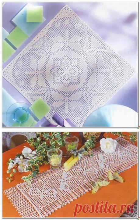Мотыльки - салфетка и дорожка в филейной технике.