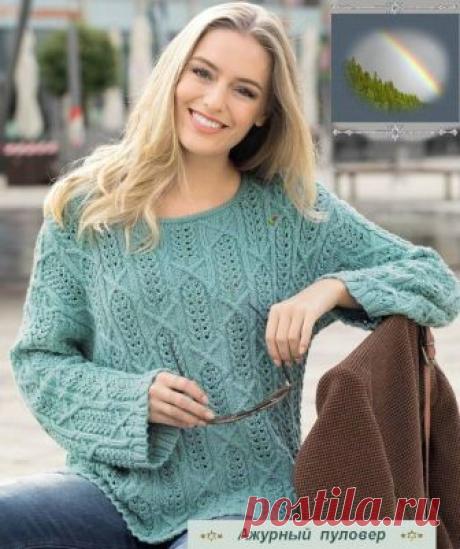 Пуловер мятного цвета спицами.