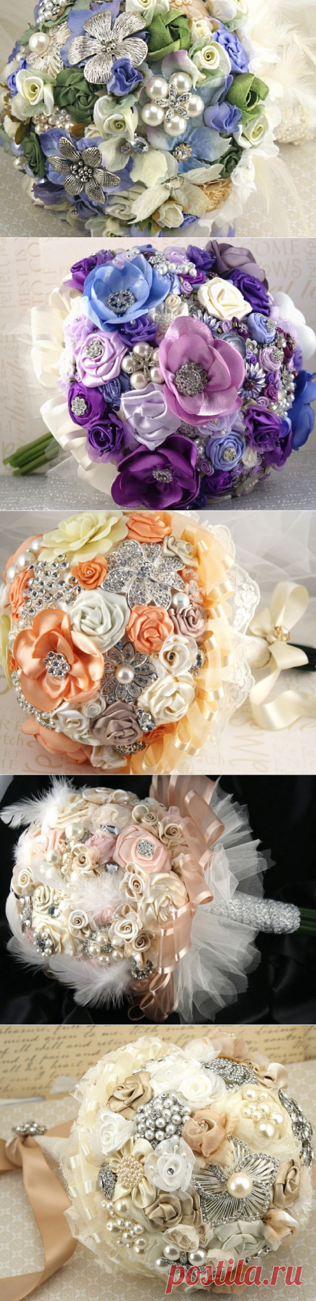 Свадебные букеты из атласных лент, жемчуга и полудрагоценных камней, бисера от Марисель Тевари (Maricel Tewari)