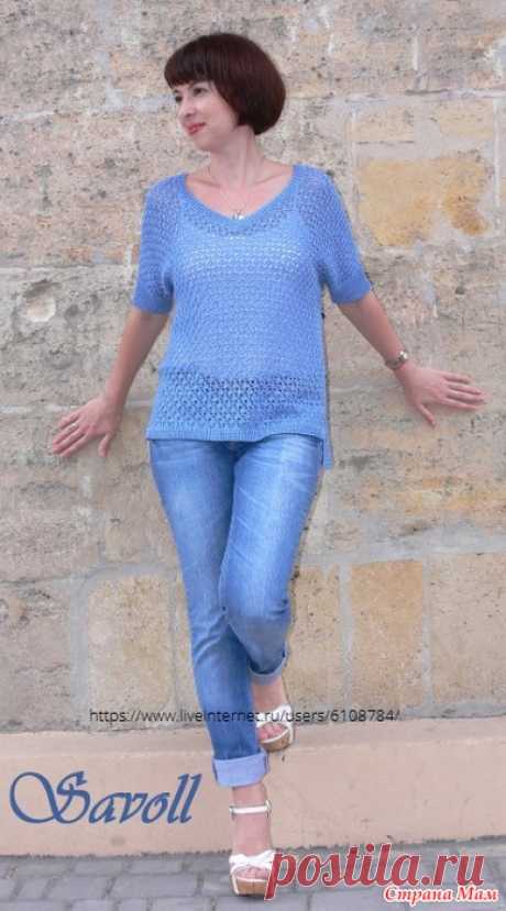 Кофточка AZURE BREEZE (Лазурный бриз) от Olga Savastru (Savoll). Материалы: Botto Poala Dragon (100% шелк, 3000м/100гр) небесно голубой 250 (300, 350) грамм. Вязать в 4 нити, на выходе 750 м/100г.
