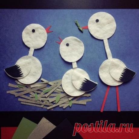 ПОДЕЛКИ НА ТЕМУ ВЕСНА. Семейка аистов из ватных дисков.