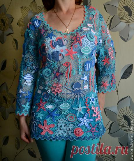 Купить Туника "Море" - разноцветный, рисунок, авторская ручная работа, Вязание крючком, 100% хлопок