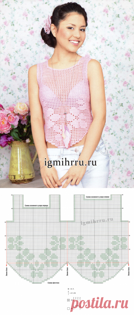 Как хорошо уметь вязать: Розовой филейный топ с цветочными мотивами. Вязание крючком.