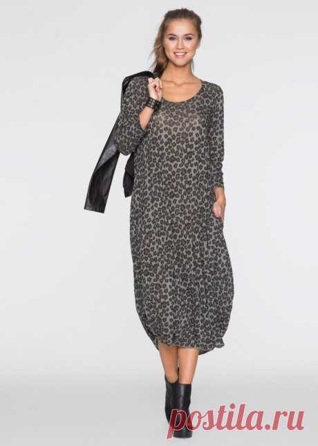 Ультрамодное платье макси О-силуэта из смесового вискозного трикотажа - леопардовый серый