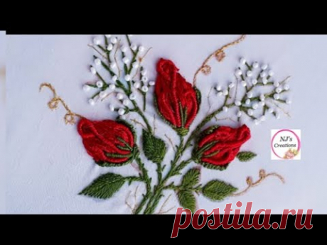 46- Hand embroidery rose buds| Brazilian embroidery rosebuds | design by NJ's Creations