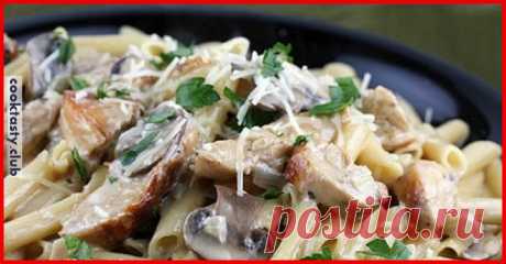 Макароны с грибами, куриным филе и плавленным сыром . Милая Я