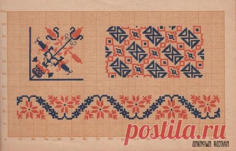 Старинные узоры вышивки крестом. Тесьма, кайма, бордюры. СССР, 1938 год. Old needlework designs. Borders and braids. USSR, 1938.