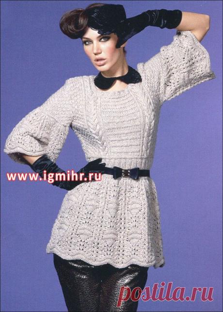 Микс выразительных узоров. Приталенная туника серого цвета. Спицы