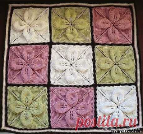 Плед спицами
Нитки: по выбору
Спицы: набор чулочных 3,5мм
Квадраты вяжутся каждый отдельно от центра, затем сшиваются, соединяются крючком (возможны варианты)
Описание - избрать 8 петель и распределить их на 4 спицы. Описание дано только для одной спицы, следовательно каждый ряд описания нужно повторить 4 раза
Ряды / Описание
1 (накид, 1лиц) 2 раза
2 лиц
3 (нанид, 1лиц) 4 раза
4 1изм, 5 лиц, 1изн, 1 лиц
5 (накид, 3 лиц, накид, 1 лиц) 2 раза
6 2 изн, 7 лиц, 2 изн, 1 лиц...