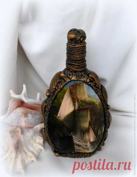 Декупаж - Сайт любителей декупажа - DCPG.RU | Работа №13 Тематической линии мотивов «Мужская тема»: Бутылка сувенирная "Морская"