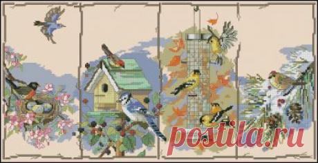 Четыре сезона - птицы - схема вышивки крестом