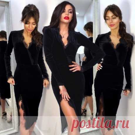 Чёрное бархатное платье с кружевом