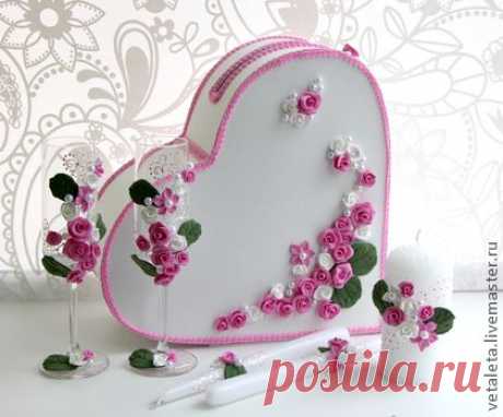 Набор свадебных аксессуаров "Роза" - Свечи,Бокалы,розы,полимерная глина