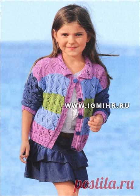 Кофточка в полоску с ажурным узором, для девочки 5-11 лет. Спицы