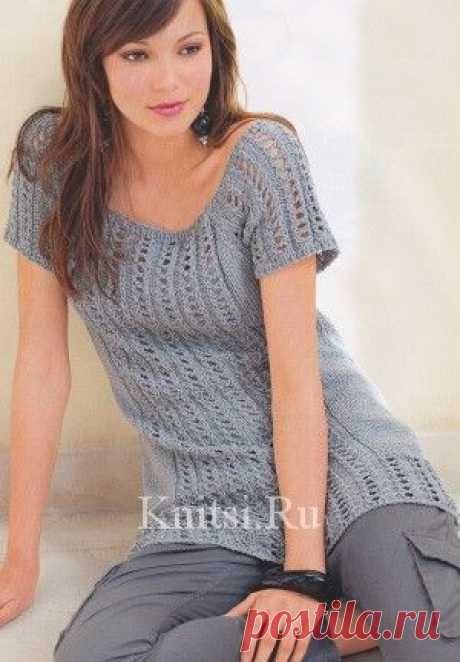 Длинный пуловер с ажурными полосами. Вязание для женщин / Пуловеры / Спицами