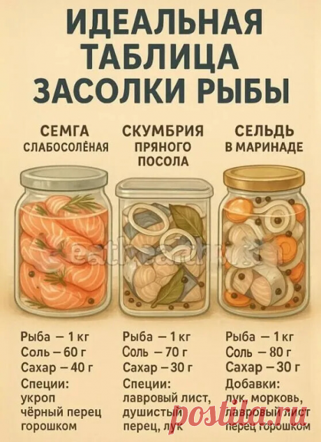Идеальная таблица засолки рыбы
Сохрани себе, чтобы всегда под рукой были проверенные пропорции!
Сёмга слабосолёная
Рыба — 1 кг
Соль — 60 г
Сахар — 40 г
Специи: укроп, чёрный перец горошком
Скумбрия пряного посола
Рыба — 1 кг
Соль — 70 г
Сахар — 30 г
Специи: лавровый лист, душистый перец, лук
Сельдь в маринаде
Рыба — 1 кг
Соль — 80 г
Сахар — 30 г
Добавки: лук, морковь, лавровый лист, перец горошком
С этими рецептами рыба всегда получится вкусной, ароматной и ...
