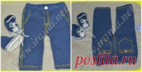 Джинсовый костюм для малыша: штанишки и пинетки