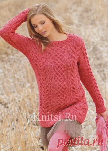 Удлиненный пуловер с косами. Вязание для женщин / Пуловеры / Спицами