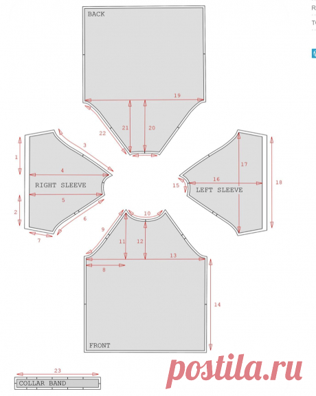 Photo by Шьем сами on February 01, 2022. May be an image of text that says 'BACK 19 21 22 20 3 4 RIGHT SLEEVE 5 17 16 15 LEFT SLEEVE 18 12 13 14 FRONT 23 COLLAR BAND'.