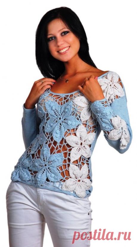 Вязаная кофточка с цветочными мотивами. Шикарный цветочный пуловер схема | Я Хозяйка