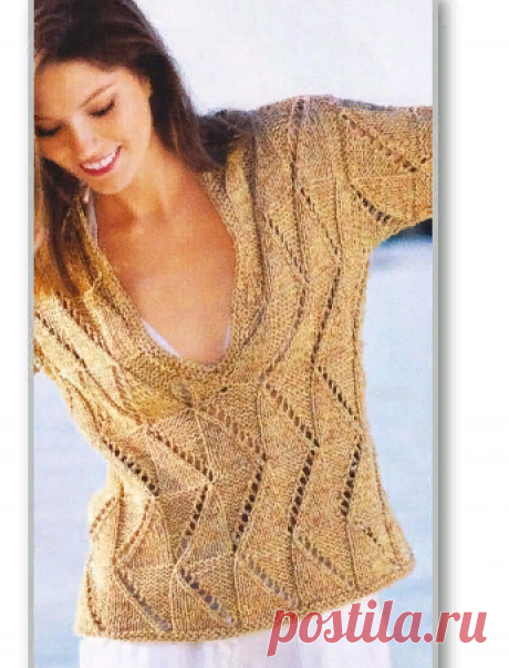 Вязание спицами. Описание женской модели со схемой и выкройкой. Пуловер с глубоким вырезом-поло и ажурными дорожками. Размеры: 38/40 (44/46)
