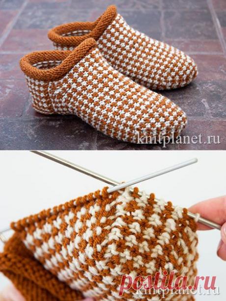 Планета Вязания | Носки-тапочки ленивым жаккардом. Мастер-класс по вязанию тапочек спицами.