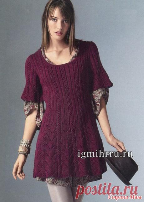 РАСКЛЕШЕННОЕ БОРДОВОЕ МИНИ-ПЛАТЬЕ С ДОРОЖКАМИ АЖУРНЫХ УЗОРОВ. - ВЯЗАНАЯ МОДА+ ДЛЯ НЕМОДЕЛЬНЫХ ДАМ - Страна Мам