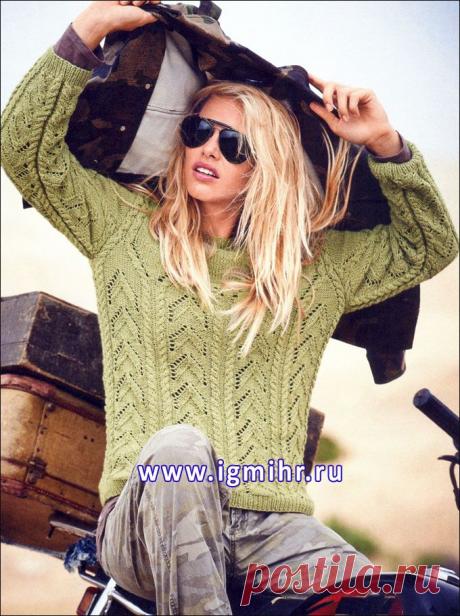 Пуловер цвета хаки с сочетанием красивых узоров. Спицы