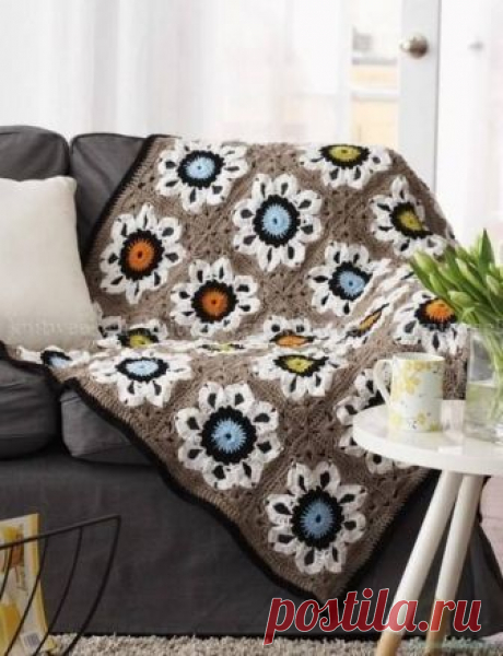Плед из цветочных квадратных мотивов. Крючком. Схема. / Вязаные идеи, идеи для вязания