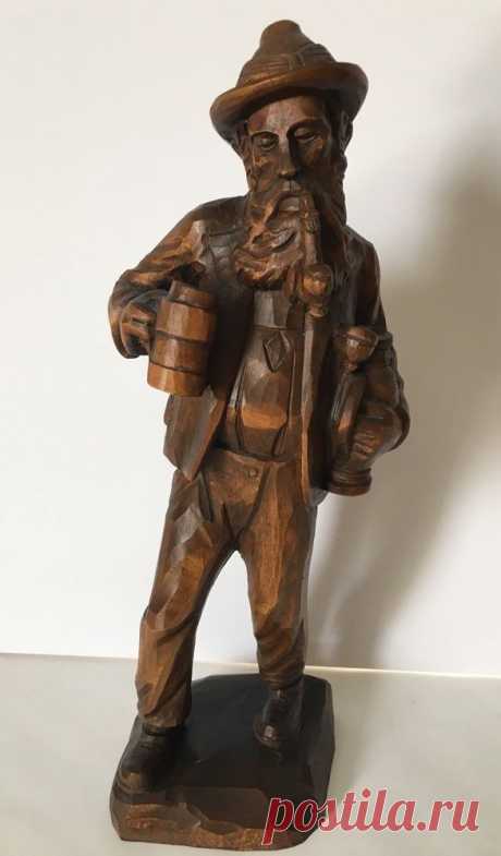 Austrian 50s BLACK FOREST FOLK ART CARVED WOOD FIGURINE 15” Man W/ Beer Steins | eBay FABULOUS VINTAGE BLACK FOREST FOLK ART CARVED WOOD FIGURINE From a large collection of Black Forest carvings from the 1950s-1980s No chips, cracks, or scratches It measures 15 1/2” tall, 5” wide, 4 1/2” deep Man with a pipe holding two steins The bottom is marked “K” and has a Salzburg sticker | eBay!